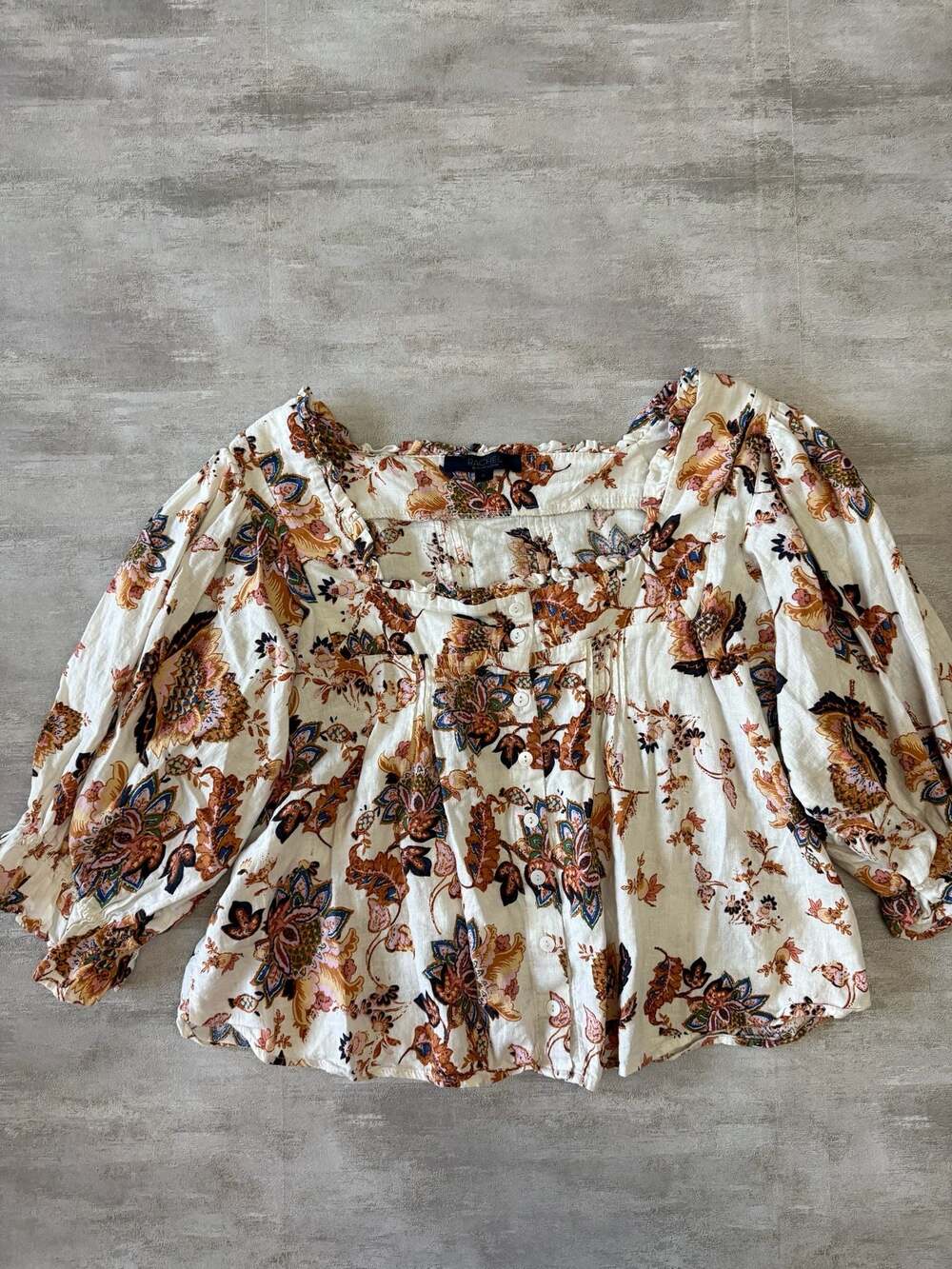 RACHEL Rachel Roy Floral Linen Blend Square Neck Puff Sleeve Peasant Blouse‎